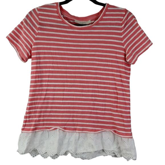 Women's Loft Top Size Small Pink & White Stripe w/ Eyelet Lace Trim - Picture 1 of 5